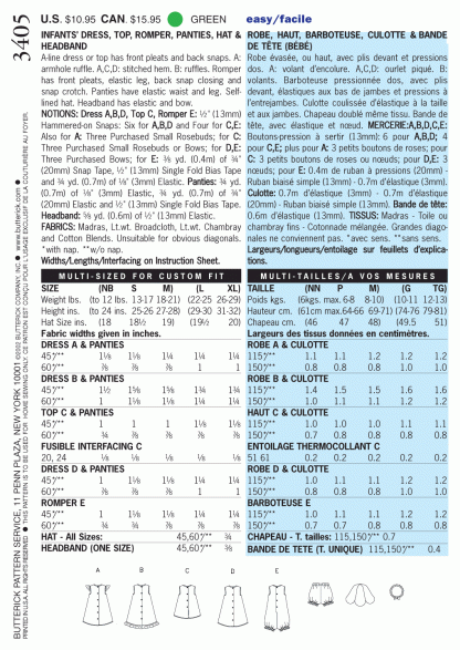 Butterick 3405 Sewing Pattern to MAKE Easy Baby Dress Top Rompers & Panties - Image 3