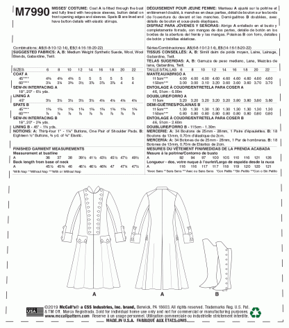 McCall's 7990 Sewing Pattern to MAKE Misses Costume - Fitted Coat Button Detail - Image 2