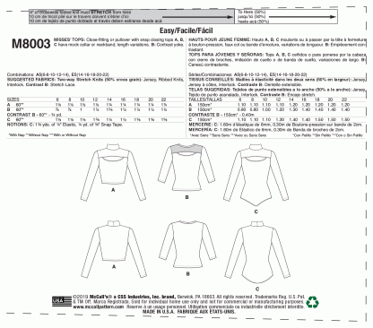 McCall's 8003 Sewing Pattern to MAKE Easy Close Fitting Tops or Pullover - Image 2