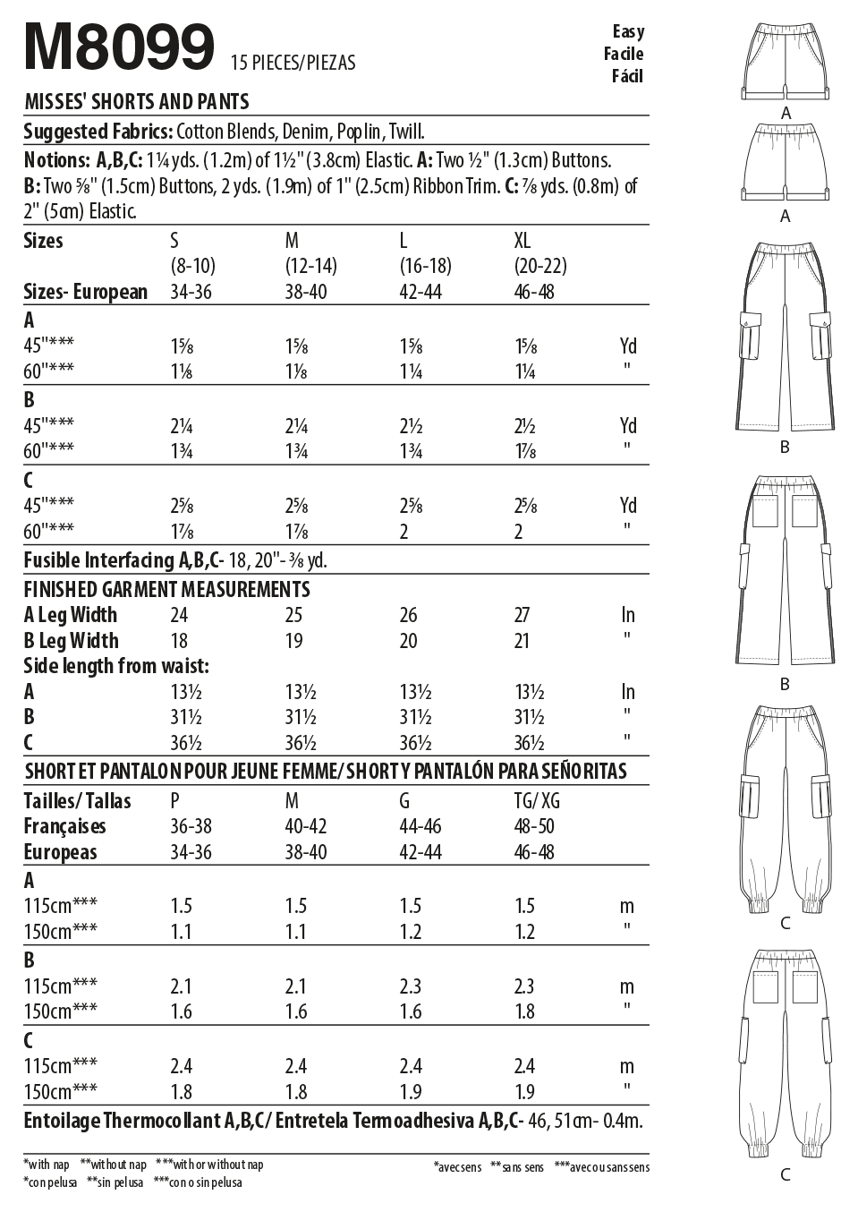 M8099 Sewing Pattern Elegant Cargo Pants Shorts Size S-XL 8-22 EASY 023795014649 