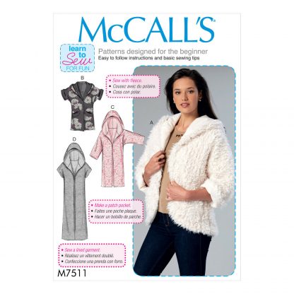 McCall's 7511 Sewing Pattern to MAKE Open-Front Jacket Shawl Collar & Hood