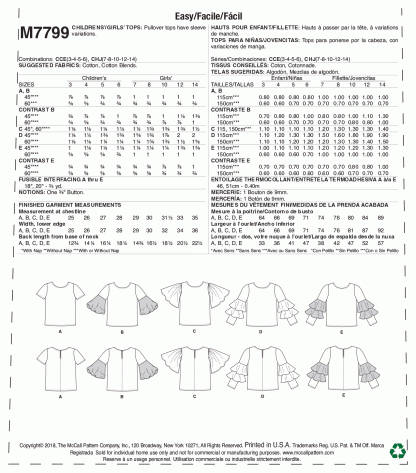 McCall's 7799 Easy Sewing Pattern to MAKE Girls' Pullover Tops with Variations - Image 2