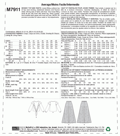 McCall's 7911 Sewing Pattern to MAKE Pullover Top & Wide Leg Pants/Trousers - Image 2