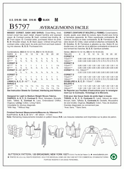 Butterick 5797 Misses' Corset, Sash & Shrug Sewing Pattern Bridal Club Burlesque - Image 2