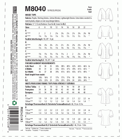 McCall's 8040 Sewing Pattern to MAKE Easy V Neck Top Blouse with Variations - Image 2