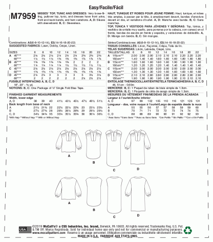 McCall's 7959 Sewing Pattern to MAKE Easy Loose-Fitting Top Dress & Tunic - Image 2