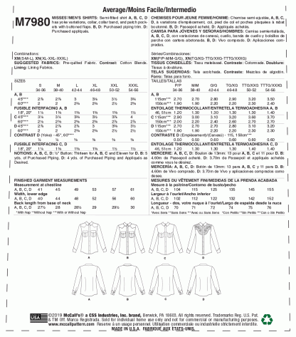 McCall's 7980 Sewing Pattern to MAKE Unisex Western Style Semi-Fitted Shirts - Image 2