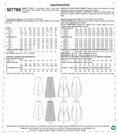 McCall's 7786 Sewing Pattern to MAKE Pull-On Loose Fitting Trousers/Pants - Image 2