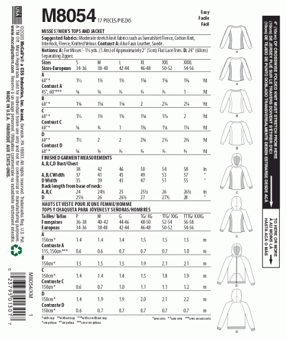 McCall's 8054 Sewing Pattern to MAKE Mens or Misses Stretch Tops & Jacket - Image 2