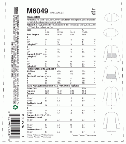 McCall's 8049 Sewing Pattern to MAKE Easy Fun Jackets - Length Variations S-XL - Image 2